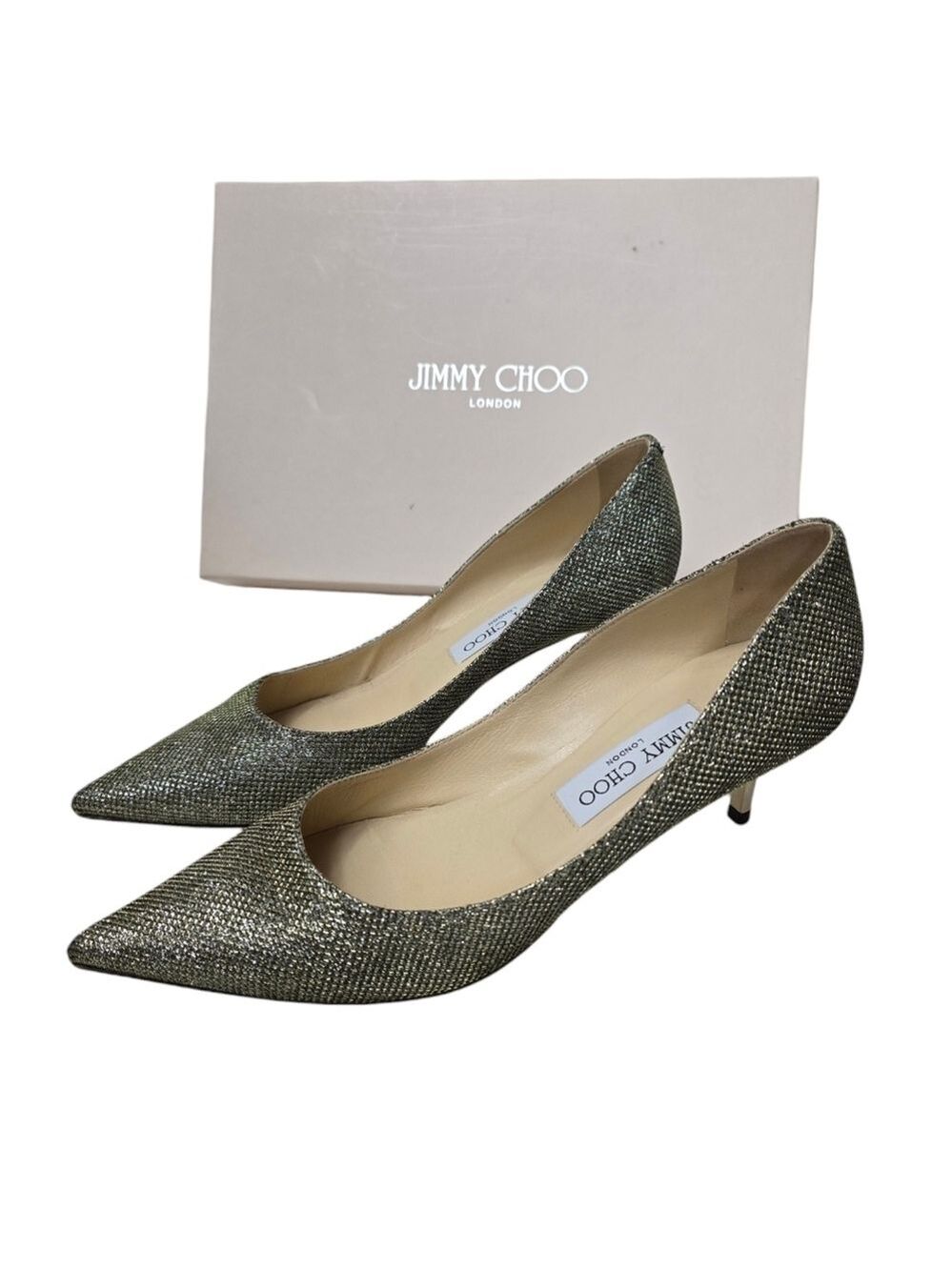 Jimmy Choo Lame Glitter Light Bronze Pointy Toe Kitten Heels 38 - Picture 7 of 12